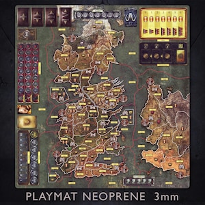 May include: A detailed playmat with a map design, featuring a brown and green colour scheme. The map includes various locations, icons, and red lines. The text "PLAYMAT NEOPRENE 3mm" is printed at the bottom. The playmat is designed for a board game.
