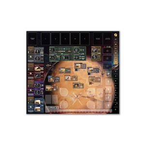 May include: A board game with a Mars theme. The game board features a detailed map of Mars in shades of brown and orange, with various game elements and icons. The board is surrounded by black borders and includes areas for cards and player resources.