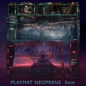 May include: A neoprene playmat with a futuristic, sci-fi design. The mat features a detailed cityscape and a central figure with a dark, ominous aesthetic. The text "PLAYMAT NEOPRENE 3mm" is displayed at the bottom.