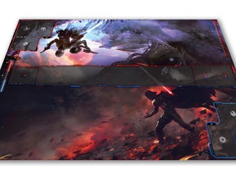 May include: A rectangular game board featuring a sci-fi battle scene with a figure wielding a red lightsaber and another flying creature. The board has a dark color scheme with red and blue accents.