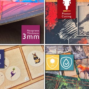 May include: Close-up of a neoprene game mat with a 3mm thickness. The mat features a colorful design with a fox, a horse, and other illustrations. The mat is UV and water resistant, with a 300 DPI resolution.