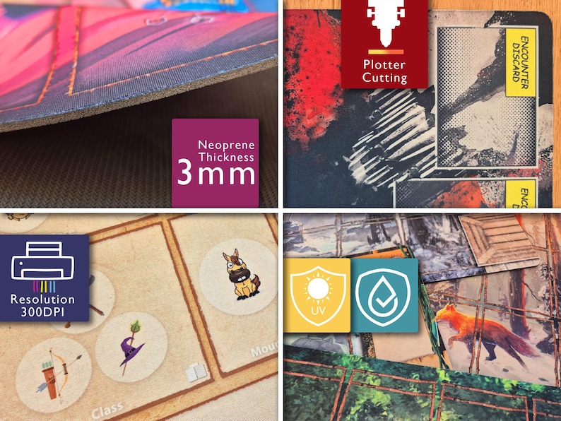 May include: Close-up of a neoprene game mat with a 3mm thickness. The mat features a colorful design with a fox, a horse, and other illustrations. The mat is UV and water resistant, with a 300 DPI resolution.