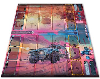 以下が含まれることがあります： 砂漠の風景をテーマにしたボードゲーム。ゲーム盤には青い車、カード、カラフルな空が描かれています。ボードゲームは、ピンク、青、オレンジの鮮やかなカラーパレットで、終末後の雰囲気を醸し出しています。