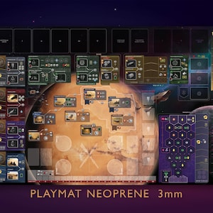 May include: A rectangular playmat with a Mars-themed design, featuring a detailed map and various game elements. The mat is predominantly brown and black, with accents of green, purple, and white. The text "PLAYMAT NEOPRENE 3mm" is visible at the bottom.
