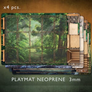 May include: A stack of four neoprene playmats with a forest scene design. The mats feature a grid pattern and include additional game elements like barrels and scrolls. The text "PLAYMAT NEOPRENE 3mm" is visible.