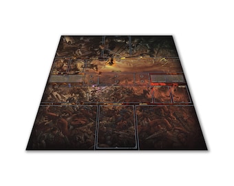 以下が含まれることがあります： 詳細なファンタジーバトルシーンが描かれた長方形のゲームマット。アートワークは、茶色、赤、黒の色合いの暗い色使いで、戦闘中の戦士や生き物を描いています。このマットは、テーブルトップゲーム用に設計されています。