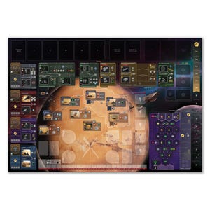 May include: A board game with a detailed map of a planet, featuring various game elements and card slots. The color palette includes browns, greens, purples, and blacks. The game board is rectangular and designed for strategic gameplay.