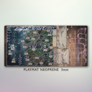 May include: A rectangular playmat made of neoprene, featuring a detailed fantasy map with mountains, forests, and waterways. The mat has a wooden texture on the right side with a grid and lightning bolt design. Text at the bottom reads "PLAYMAT NEOPRENE 3mm."