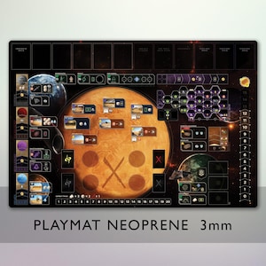May include: Black playmat with a space theme, featuring planets, game board elements, and the text "PLAYMAT NEOPRENE 3mm." The mat has a large orange planet in the center, with a grid and number scale along the right edge.