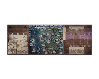 以下が含まれることがあります： ファンタジー世界の詳細な地図が描かれたボードゲーム。山、森、水域が特徴です。ゲーム盤は木目調で、さまざまなゲームピースとカードが含まれています。カラーパレットには、茶色、緑、青の色合いが含まれています。