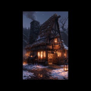 May include: A two-story timber-framed building with a thatched roof and a stone chimney emitting smoke. The exterior features warm glowing windows, a wooden sign, and a horse standing near the entrance on a snow-covered cobblestone path.