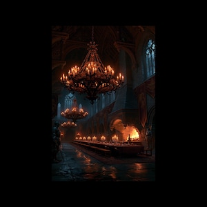 May include: A grand medieval hall featuring a long dining table, multiple large ornate chandeliers with glowing candles, and a massive stone fireplace with a roaring fire. Stone arches, vaulted ceilings, and suits of armor line the dark interior.