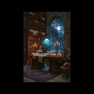 May include: A dark wooden study featuring a large desk covered in rolled parchment scrolls, glass beakers, and a glowing blue orb. A tall arched window reveals a full moon, while a floor-to-ceiling bookshelf, a candelabra, and a globe stand nearby.