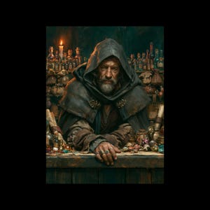 May include: A bearded individual wearing a dark hooded cloak with metallic clasps, leaning over a wooden counter. The counter is filled with various glass bottles, small pouches, scrolls, and scattered gemstones under the light of a candle.