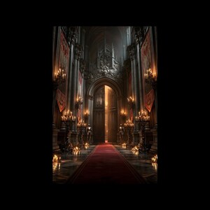 May include: A grand stone hallway featuring a long red carpet leading to a large open doorway. Tall ornate candelabras with glowing candles line the walls, which are decorated with red banners. Two suits of armor stand guard near the entrance.