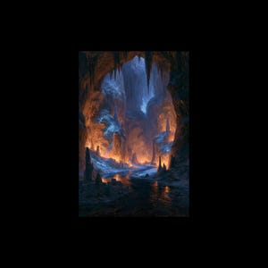 May include: A digital painting of a glowing cave interior. The scene features a river, stalactites, and rock formations illuminated by orange and blue light, creating a fantasy landscape.