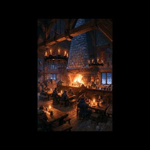 Op de afbeelding: Illustratie van een gezellige taverne. Mensen zitten aan houten tafels, verlicht door kaarslicht en een grote open haard. Kroonluchters hangen aan het houten plafond en creëren een warme, uitnodigende sfeer.