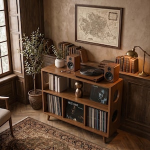 Puede incluir: Una consola de tocadiscos de madera con tocadiscos, altavoces y discos de vinilo. La consola es marrón con un diseño moderno de mediados de siglo. Un mapa enmarcado cuelga de la pared encima de la consola. También se ven una planta en maceta y libros.