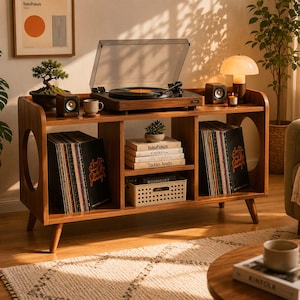 May include: A wooden record player console in a mid-century modern style, featuring a turntable, speakers, and storage for vinyl records. The console has a warm wood finish and is set in a living room with a rug and framed artwork.