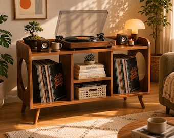 Mid Century Modern Record Player Stand with Vinyl Storage, Solid Wood Turntable Stand, Wooden LP Record Cabinet, Retro Vinyl Storage Console