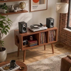 May include: A mid-century modern style record player console in a warm wood tone. The console features a turntable, speakers, and storage for vinyl records. A vintage camera and books are also visible.
