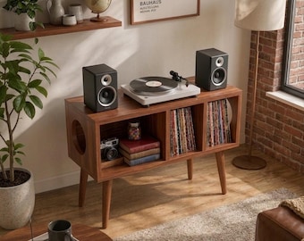Mid Century Walnut Record Player Stand with Vinyl Storage, Retro Turntable Cabinet, LP Organizer, Music Room Furniture