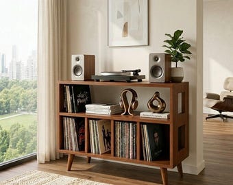 Supporto per giradischi in legno massello con vano porta vinili, mobile per giradischi in stile metà secolo, organizer per LP, console audio retrò
