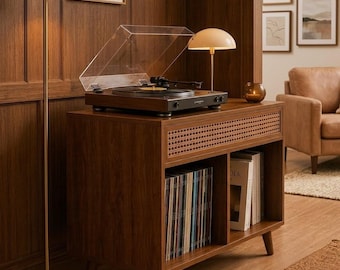 Mid Century Cane Record Cabinet, Solid Wood Turntable Stand with Vinyl Storage, Retro LP Organizer, Handmade Record Player Console