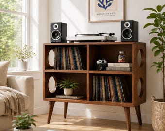 Mid Century Walnut Record Player Stand with Vinyl Storage, Retro Turntable Cabinet, LP Organizer, Wooden Music Console