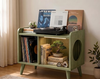 Halverwege de eeuw moderne platenspelerstandaard met vinyl opberger, houten draaitafel consolekast, retro lp-houder opberger voor woonkamer
