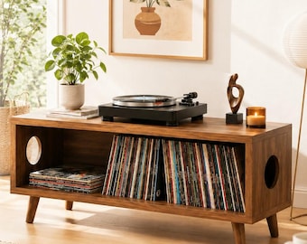 Mid Century Modern Plattenspieler Ständer mit Schallplatten Aufbewahrung, Holzplattenspieler Konsolenschrank, Retro LP Halter Organizer für Wohnzimmer