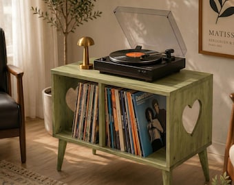Mid Century Record Player Stand, Vinyl Storage Cabinet, Turntable Table, Retro LP Organizer, Handmade Wooden Console
