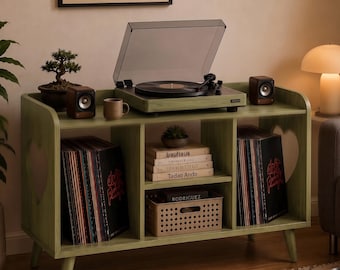 Solid Wood Record Player Stand with Vinyl Storage, Mid Century Modern Turntable Cabinet, Retro LP Organizer