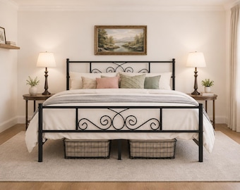 Queen Size Black Metal Bed Frame with Scrollwork Headboard & Footboard – Sturdy Iron Platform Bed