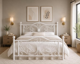 White Metal Queen Bed Frame, Butterfly Scrollwork Headboard, Vintage Style