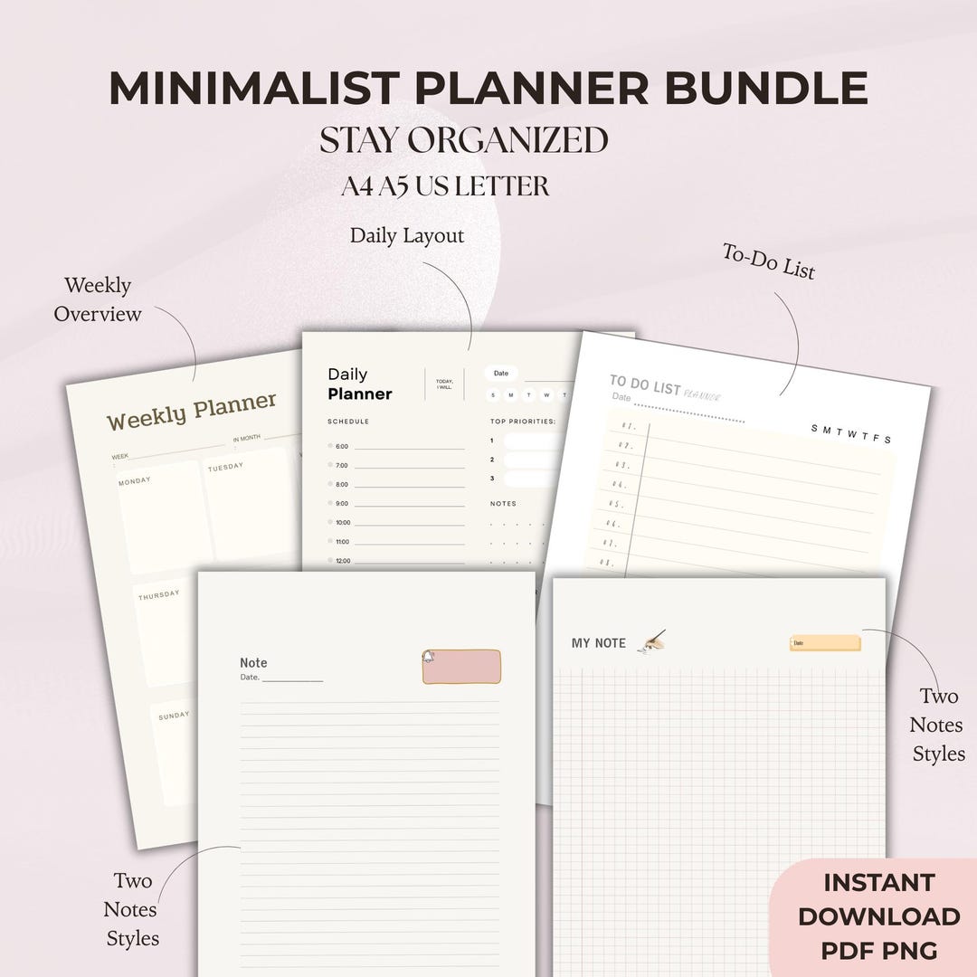 Minimalist Planner Bundle, Daily Weekly To-do List, Productivity Notes