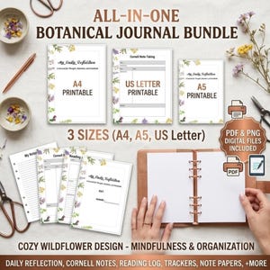 Può includere: Un pacchetto di diario botanico tutto in uno con pagine stampabili nei formati A4, A5 e US Letter. Il set include un diario per la riflessione quotidiana, fogli per appunti Cornell, registri di lettura e tracker con un design a fiori selvatici.