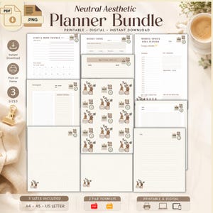 May include: A digital planner bundle featuring various templates including a habit tracker, weekly focus, meeting notes, and daily planner. The pages have a neutral color palette with brown text, grid lines, and small illustrations of plants.