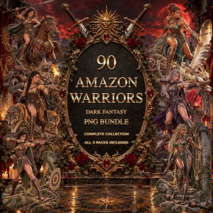 Puede incluir: Un paquete gráfico digital que presenta 90 guerreras amazonas en un estilo de fantasía oscura. El marco ovalado central muestra el texto 90 AMAZON WARRIORS DARK FANTASY PNG BUNDLE COMPLETE COLLECTION ALL 3 PACKS INCLUDED rodeado de detalles dorados.