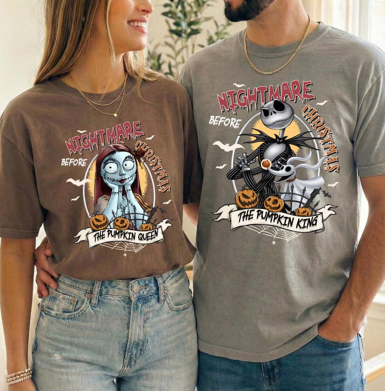 May include: A brown t-shirt featuring Sally from The Nightmare Before Christmas with the text Nightmare Before Christmas The Pumpkin Queen and a gray t-shirt featuring Jack Skellington and Zero with the text Nightmare Before Christmas The Pumpkin King.