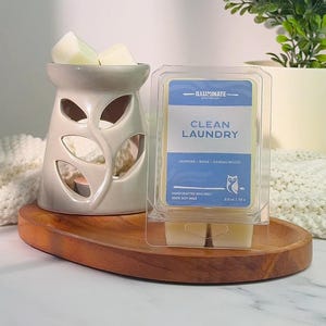 May include: A gray ceramic wax warmer with leaf-shaped cutouts, holding wax cubes. Next to it is a package of "Clean Laundry" scented wax melts, with jasmine, rose, and sandalwood notes. The items rest on a wooden tray.