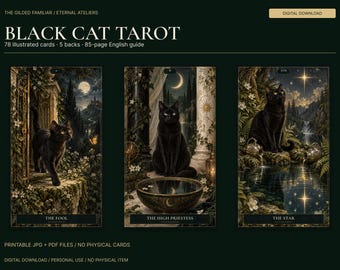 May include: Black Cat Tarot digital download set featuring 78 illustrated cards, 5 backs, and an 85-page English guide. The image displays three tarot cards titled The Fool, The High Priestess, and The Star, each depicting black cats in scenes.