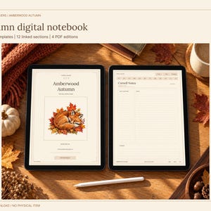 May include: Two tablets displaying a digital notebook with an autumn theme. The left screen shows a fox illustration on a bed of leaves with the text Amberwood Autumn. The right screen displays a Cornell Notes template with twelve linked sections.
