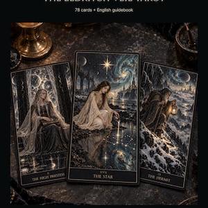 Könnte beinhalten: Das Eldritch Veil Tarot-Deck enthält 78 Karten und ein englisches Handbuch. Drei Karten sind abgebildet: The High Priestess, The Star und The Hermit, jeweils mit detaillierten Dark-Fantasy-Illustrationen, goldfarbenen Rändern und schwarzem Hintergrund.