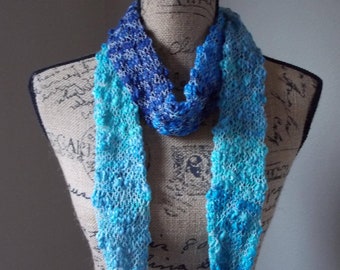 Blue striped skinny scarf, light and dark cotton blend knit boa, beach getaway accessory