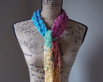 Rainbow Skinny Scarf, knit cotton multi-colored boa