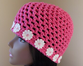 Hot pink Juliette cap, crocheted lace hat with white and pink daisies sewn along the edge, Y2K fashion hat