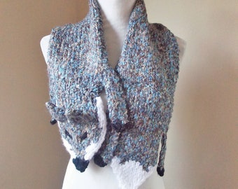 Faux Fox Scarf, blue acrylic knit imitation fur stole, dress like the 1920s, be a flapper