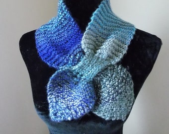 Knit blue and grey keyhole scarf, women's winter neck warmer cowl scarflet