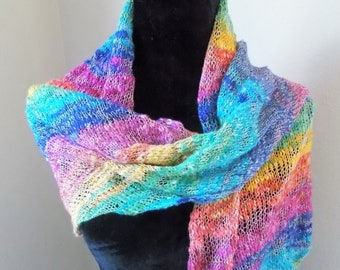 Rainbow Shawl, knit triangle cotton blend rainbow striped wrap scarf